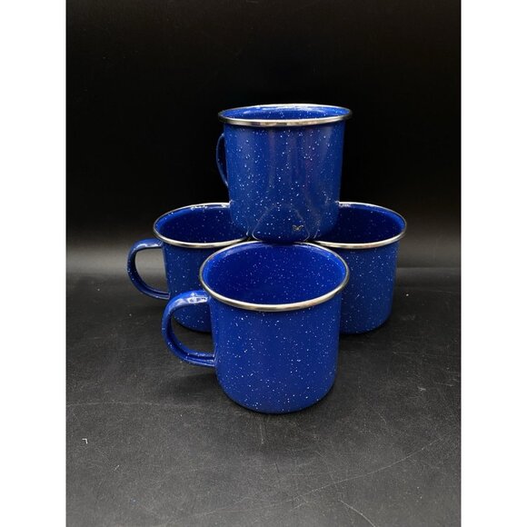 Set Of 4 Metal Enamelware Speckled Blue 3.25” Silver Rim Mug Camping 12oz C - Picture 1 of 9